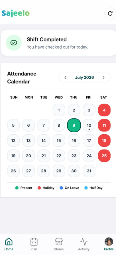 Sajeelo SFA Selfie Attendance Calendar